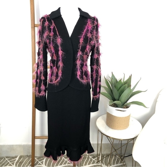 VINTAGE Egoiste black & pink feather blazer midi skirt suit size 4 - Picture 3 of 17